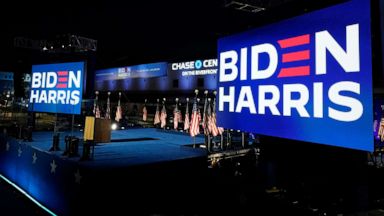 PHOTO: The stage is prepared for President-elect Joe Biden, who is set to become the 46th president of the United States, in Wilmington, Delaware, on Nov. 7, 2020.